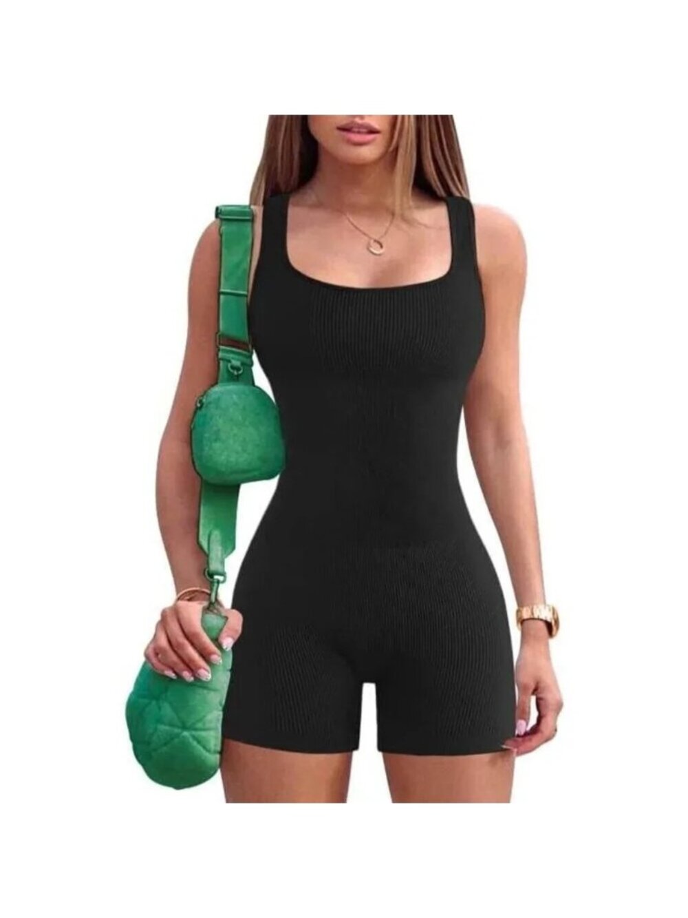 Women Jumpsuit Ribbed One Piece  Tank Top Sleeveless Bodycon Sport Shorts